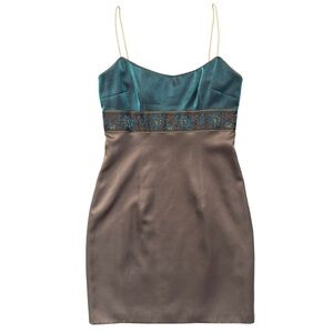 Vintage 90s Y2K Laundry By Shelli Segal Teal Brown Color Block Empire Dress